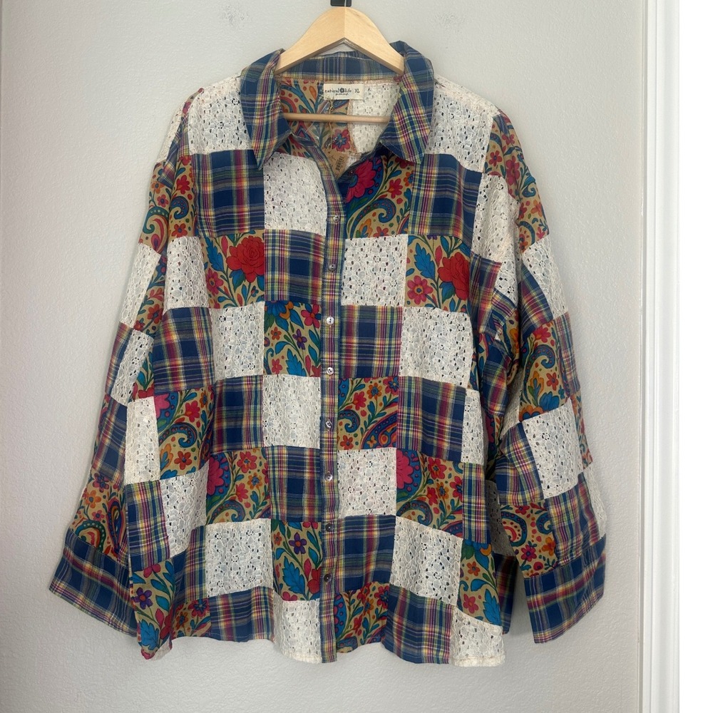 Natural Life Barcelona Patchwork Button Down Shirt XL NWT Lace Boho Oversized - Picture 3 of 10